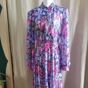 Sheer Belted Vintage Midi Dress Cuffed Long Sleeve 70s Spring